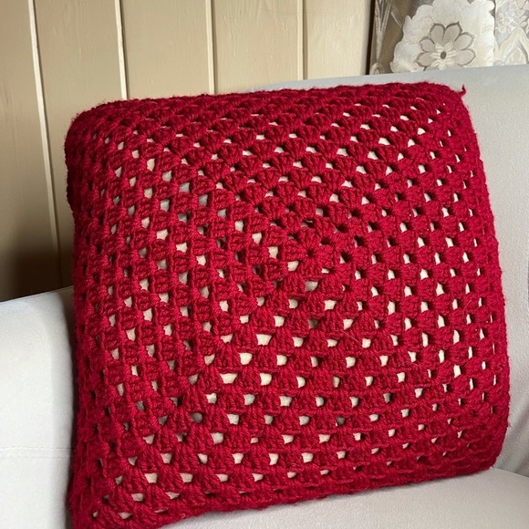 Vintage Granny Square Crochet Throw Pillow Red - Picture 2 of 3